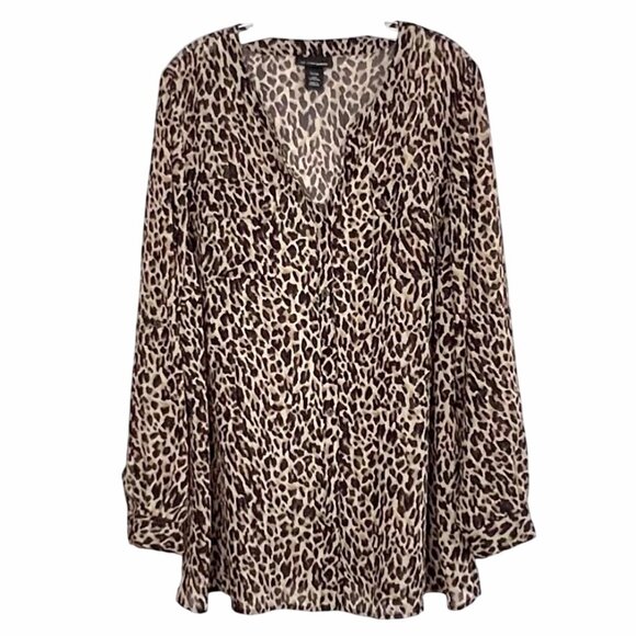 Lane Bryant Women's Leopard Print Blouse 22/24 Button Front Roll Tab Sleeve EUC - Picture 1 of 14